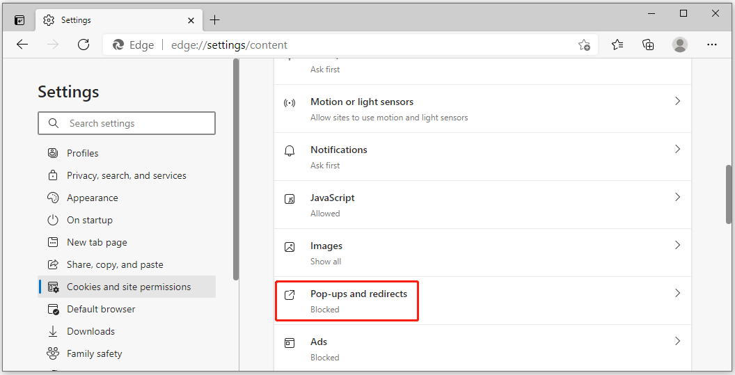 To enable the pop-up blocker, toggle the switch to the right.
To disable the pop-up blocker, toggle the switch to the left.